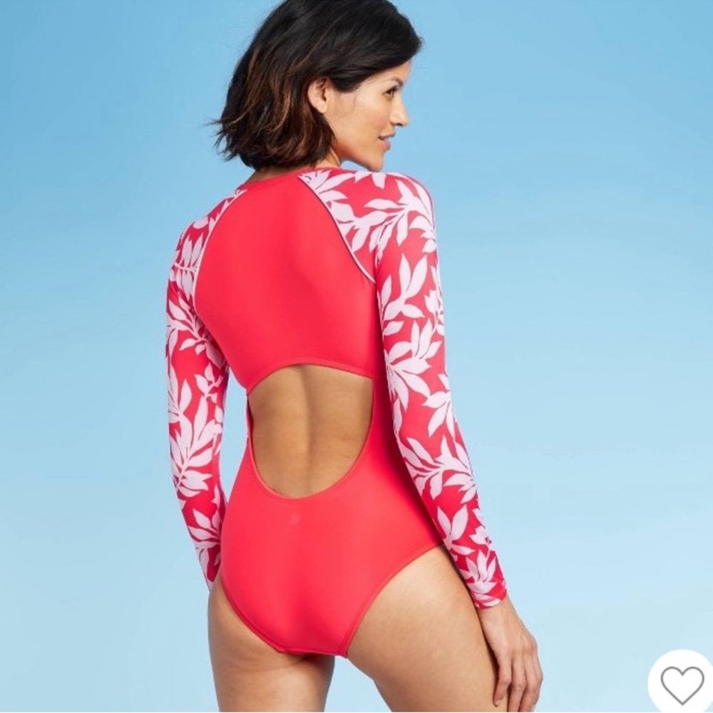 All in Motion Large Coral Red Floral Long Sleeve One Piece Rash Guard Swimsuit - Picture 6 of 11